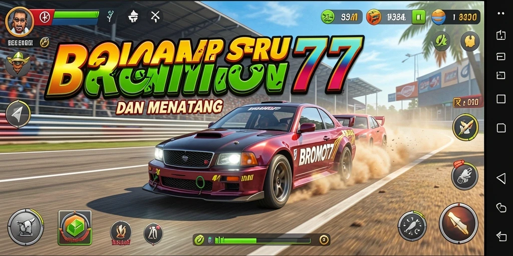 Screenshot gameplay BROMO77 menampilkan balapan seru di trek yang menantang.